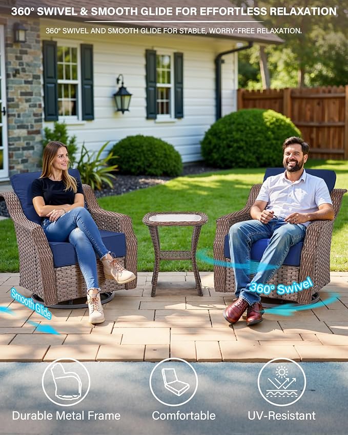 Belord 7 Piece Patio Furniture Set - High Back Swivel Rocker Glider Outdoor Chairs with 3-Seat Sofa and Ottoman, All-Weather Removable 6" Blue Cushion for Patio Conversation and Family Reunion