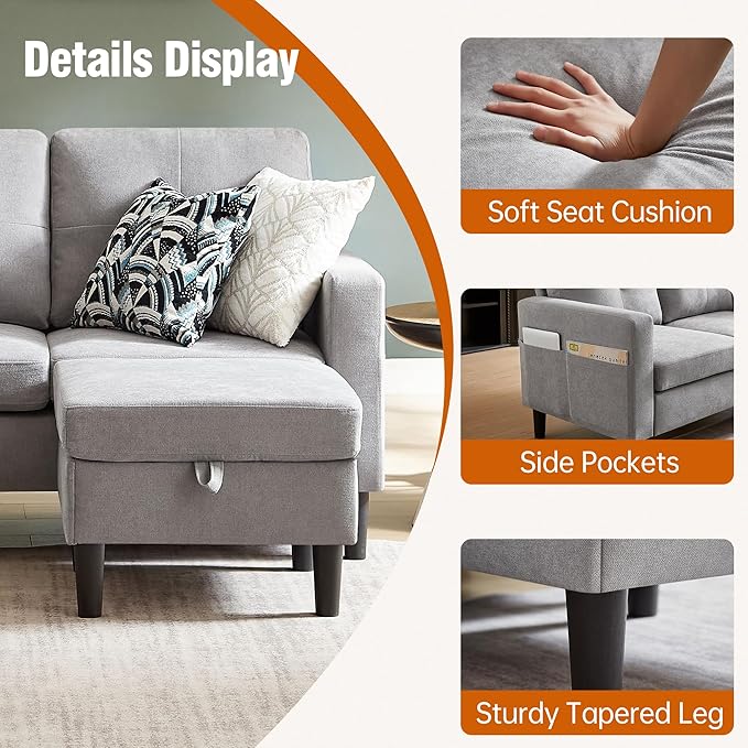 Pingliang Home 80" Convertible Sectional Sofa Couch with Movable Ottoman, 3 Seats Sectional Sofas L Shaped Couch for Small Spaces, Soft Fabric Couch for Living Room (Light Grey)