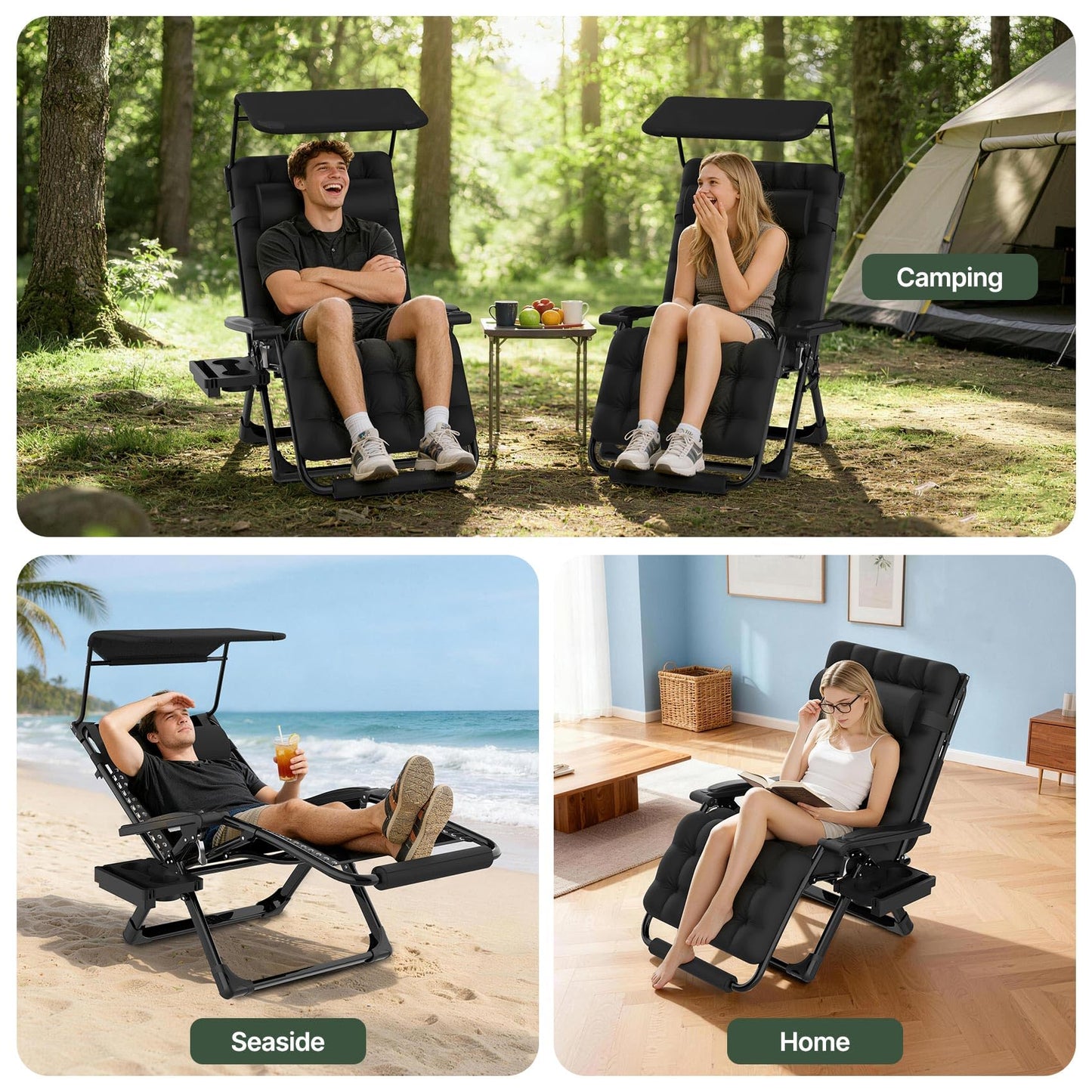 Suteck Zero Gravity Chair with Canopy,33In XXL Oversized Lounge Chair w/Removable Cushion&Headrest, Upgraded Lock and Footrest, Folding Reclining Patio Chairs Recliner for Indoor Outdoor