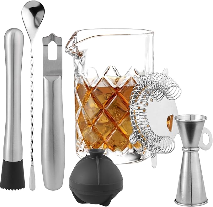 Elixir Cocktail Mixing Glass Set - 8-Piece Home Bar Bartender Cocktail Kit for Old Fashioned Negroni Martini - with Strain...