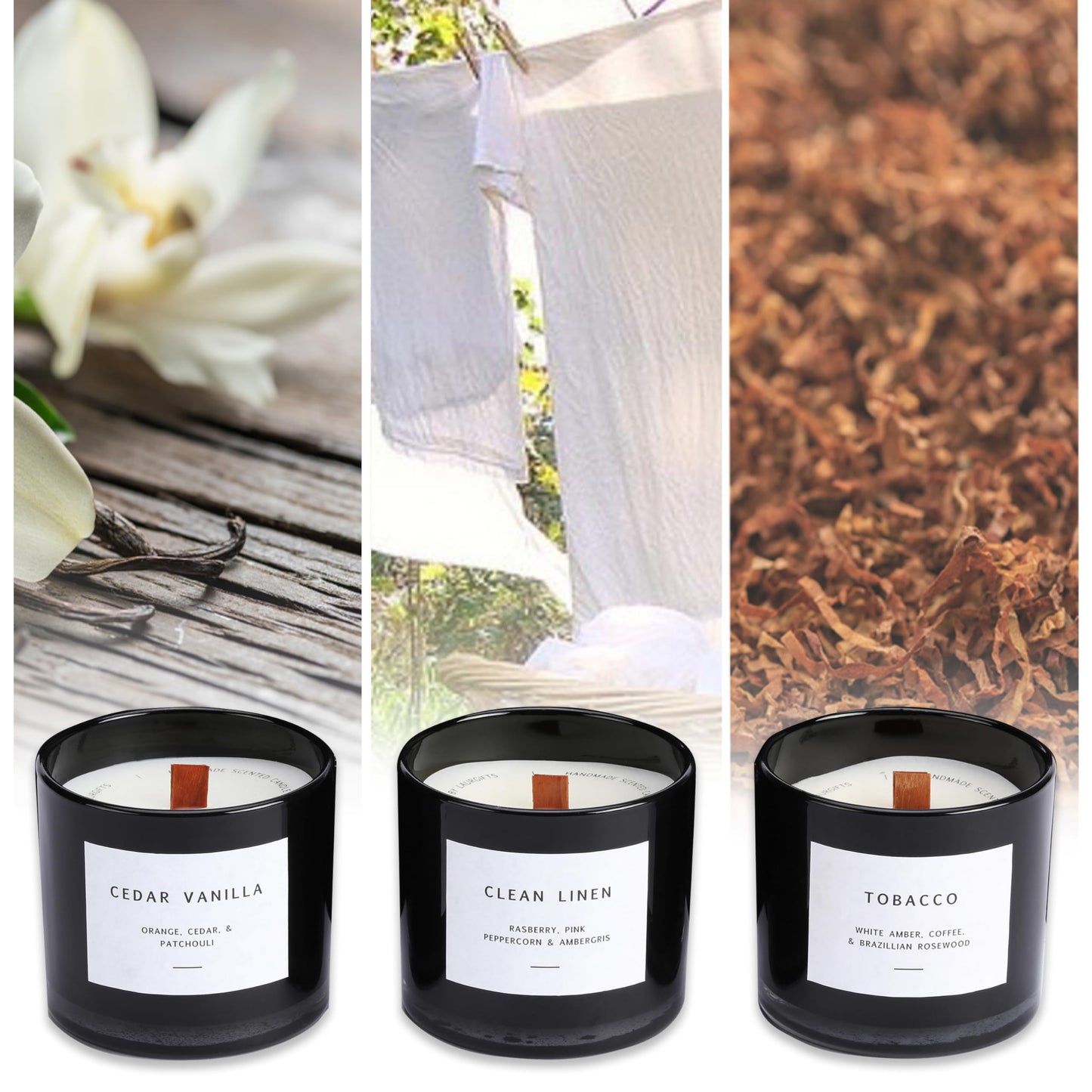 Scented Candles for Men – Masculine Candle Gift Set of 3 with Tobacco, Cedar Vanilla & Clean Linen – Luxury Black Candles Gift Box, Birthday Gifts for Men, Candles for Boyfriend, Christmas Gifts