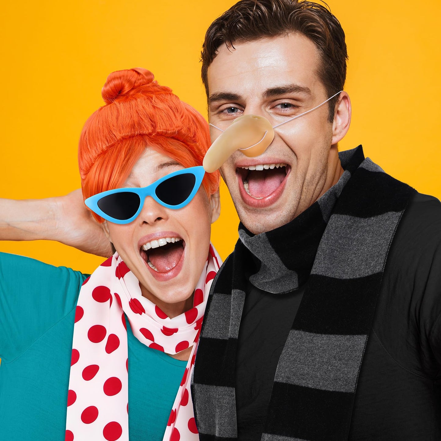Zoooyawn 5 Pcs Halloween Costume Set Include Black Gray Striped Scarf Red Polka Dot Scarf Wig Blue Frame Sunglasses Fake Nose for Halloween Party Cosplay Costume Accessories