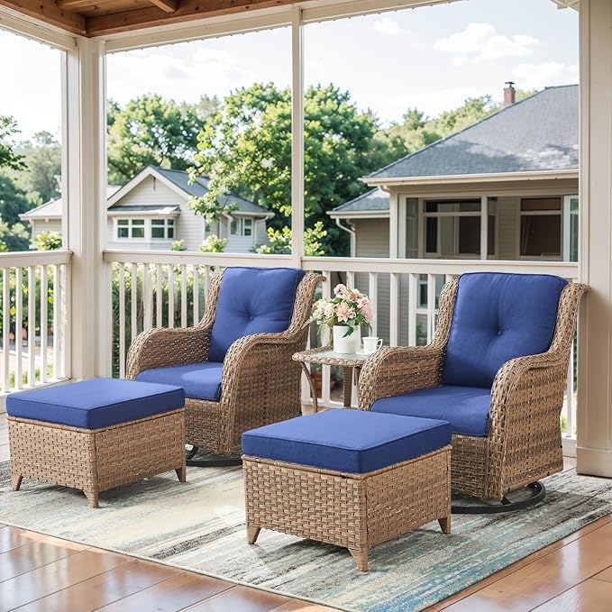 Belord 5 Pieces Patio Furniture Sets Wicker Outdoor Furniture, Rattan Patio Swivel Glider Chairs with 2 Ottoman and Glass Side Table, Yellow