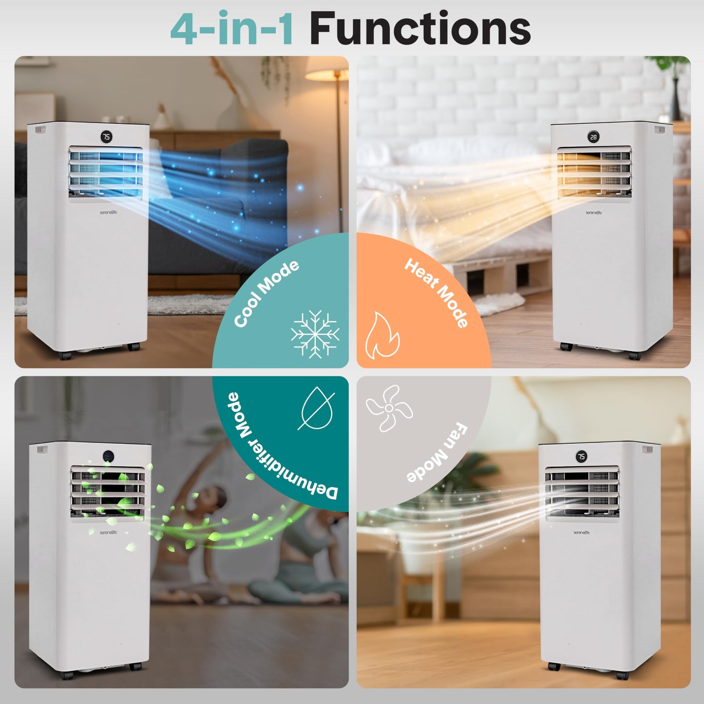 SereneLife 10,000 BTU Portable Air Conditioner and Heater, Small AC with Dehumidifier and Fan, Wifi Function, Mini AC Unit with 450 Sq. Ft. Coverage, Includes Remote Control and Window Mount Kit