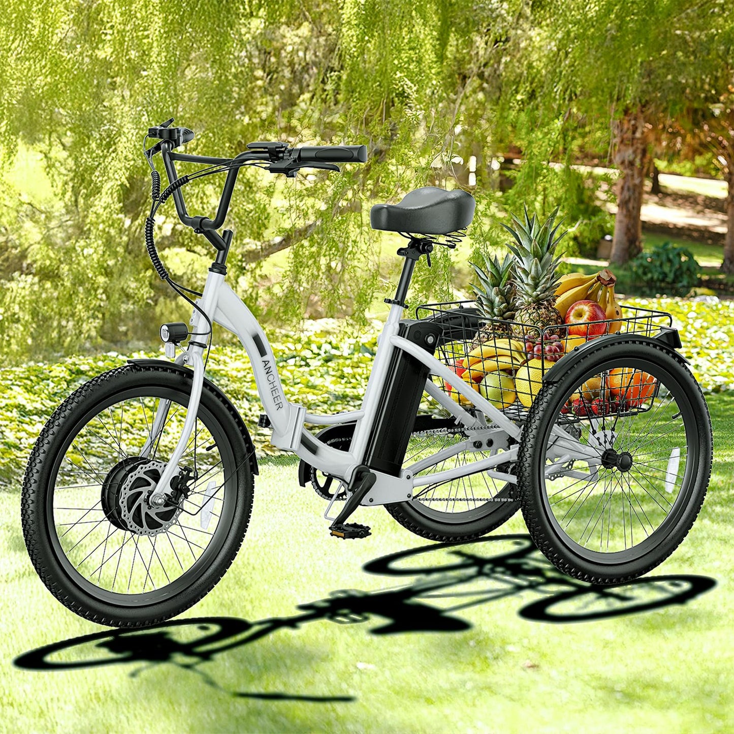 ANCHEER Electric Tricycle for Adults, 350W(Peak 550W) Etrike, 48V/499Wh Ebike, 24" Folding 3 Wheel Electric Trike, 15.5MPH & 55Miles Electric Bike, Rear Differential, Rear Basket