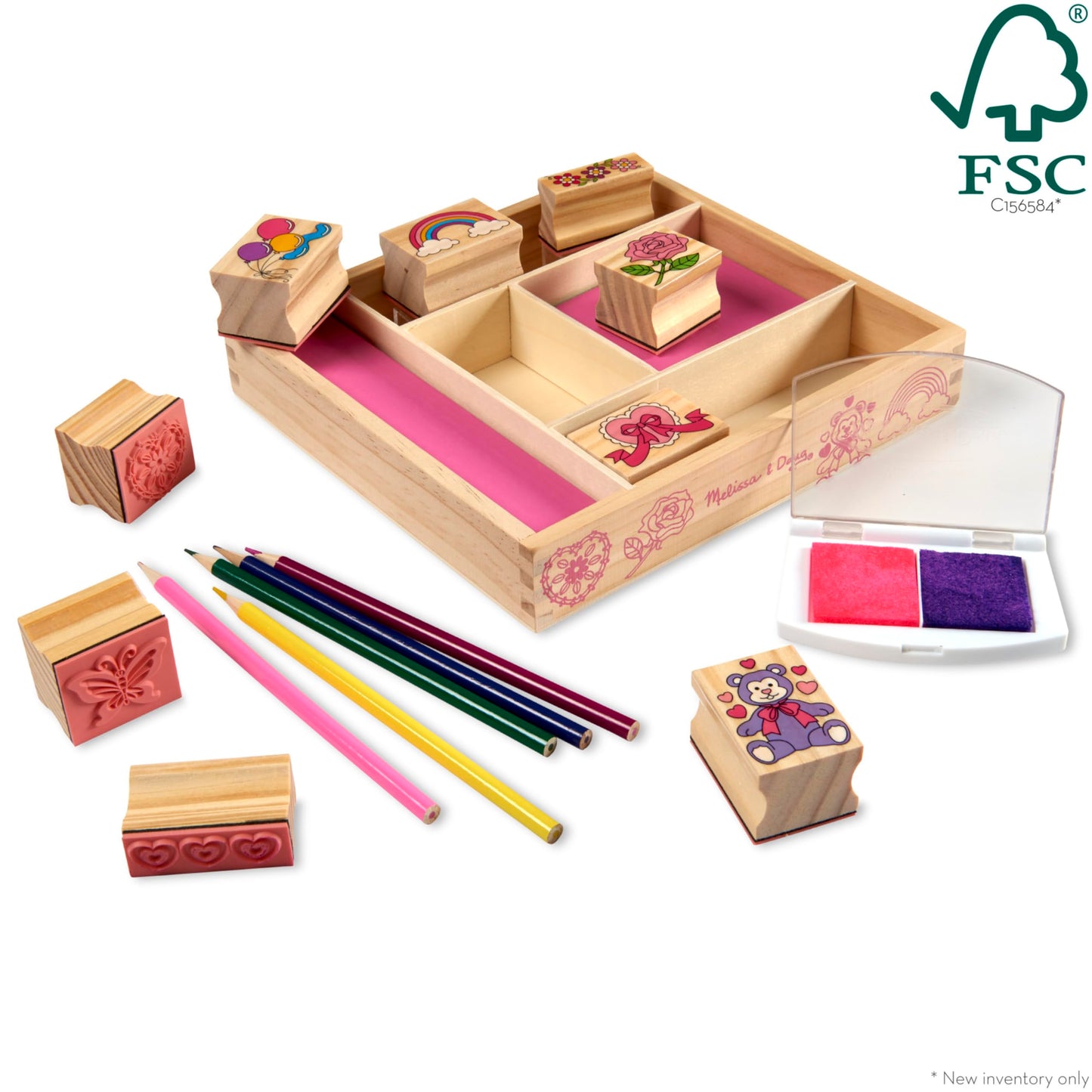 Melissa & Doug Wooden Stamp Set: Friendship - 9 Stamps, 5 Colored Pencils, and 2-Color Stamp Pad - FSC Certified