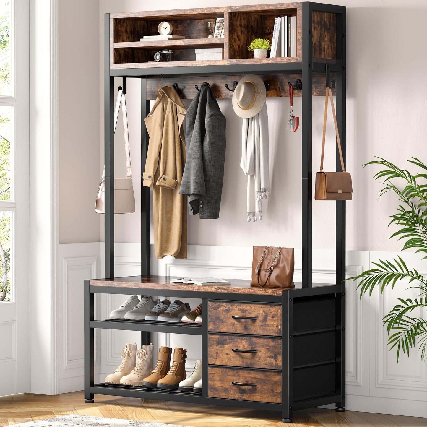 Raybee Hall Tree with Bench and Shoe Storage, Coat Rack Freestanding with 3 Fabric Drawers, Entryway Bench with Shoe Storage, Hall Tree with 12 Hooks for Hallway