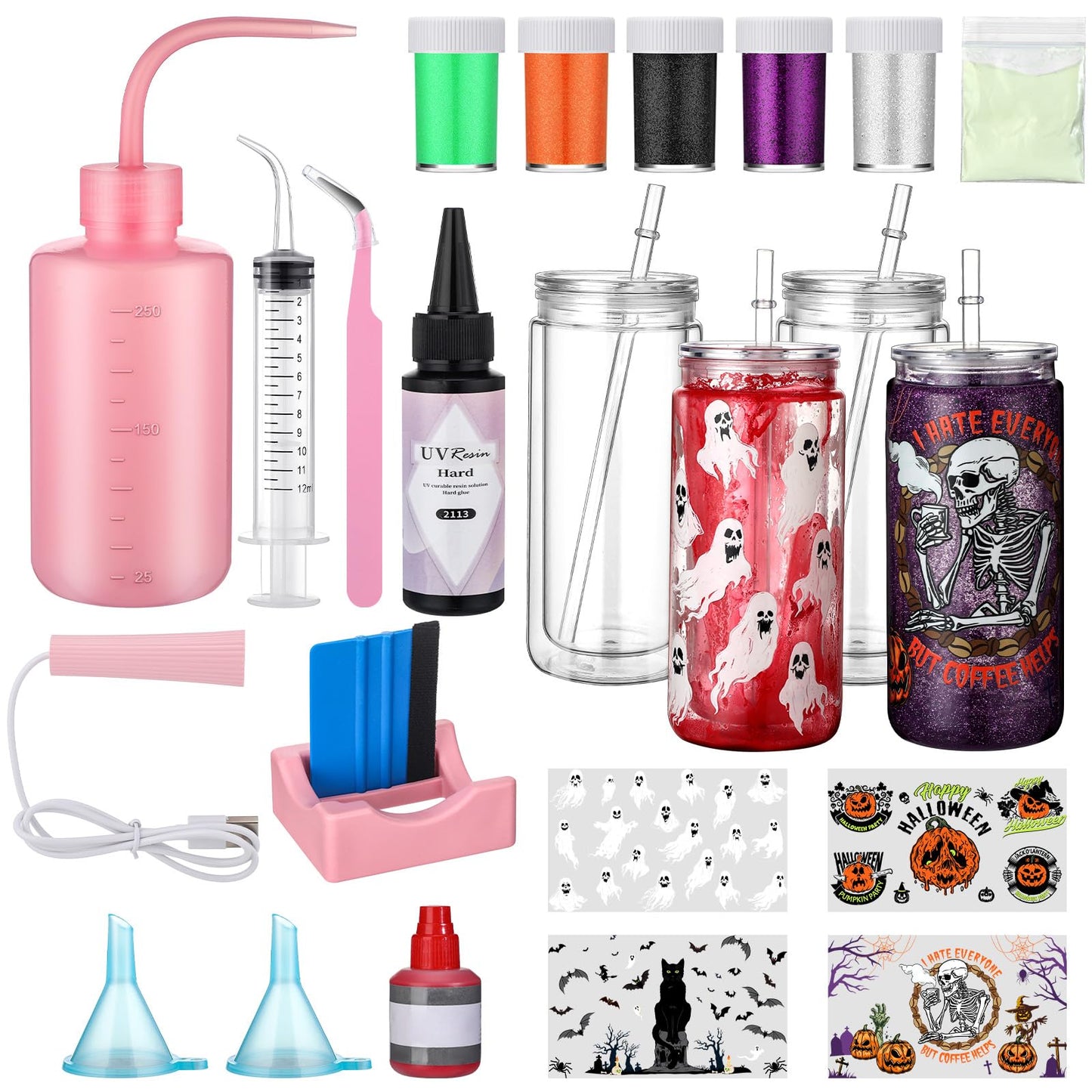 Meanplan 4 Pack Halloween DIY Snow Globe Tumbler 16oz Cup Wraps Pink Ribbon Glitter Supplies Kit Double Wall Snowglobe Glass with Cup Holder Scraper Resin Flashlight for Snow Globe Glitter DIY