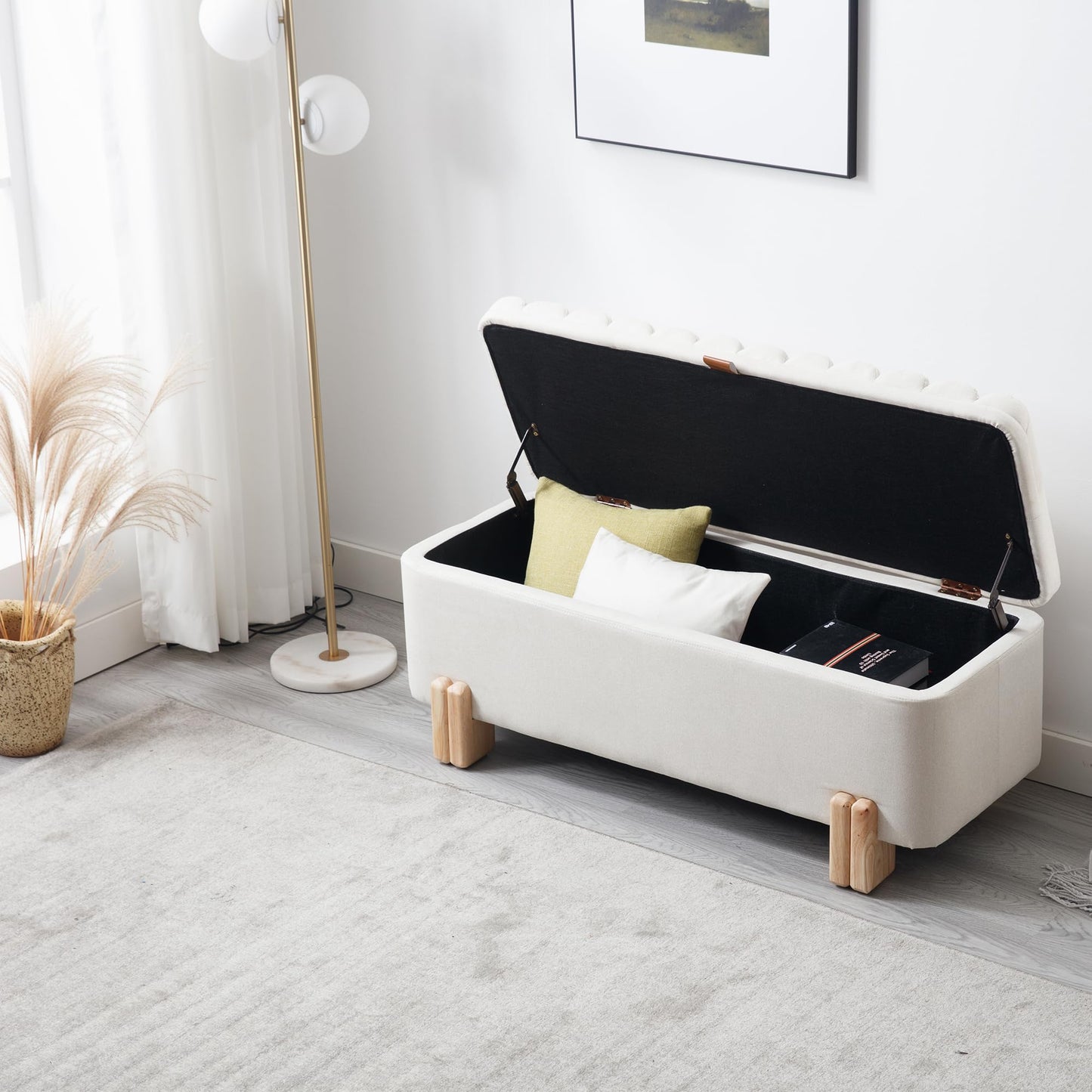 LZAREAL Wavy Ottoman Storage Bench Multi-Functional Narrow Entryway Bench Elegant End of Bed Bench with Storage and Safty Hinge for Living Room Entryway Hallway Bedroom Boutique, Beige
