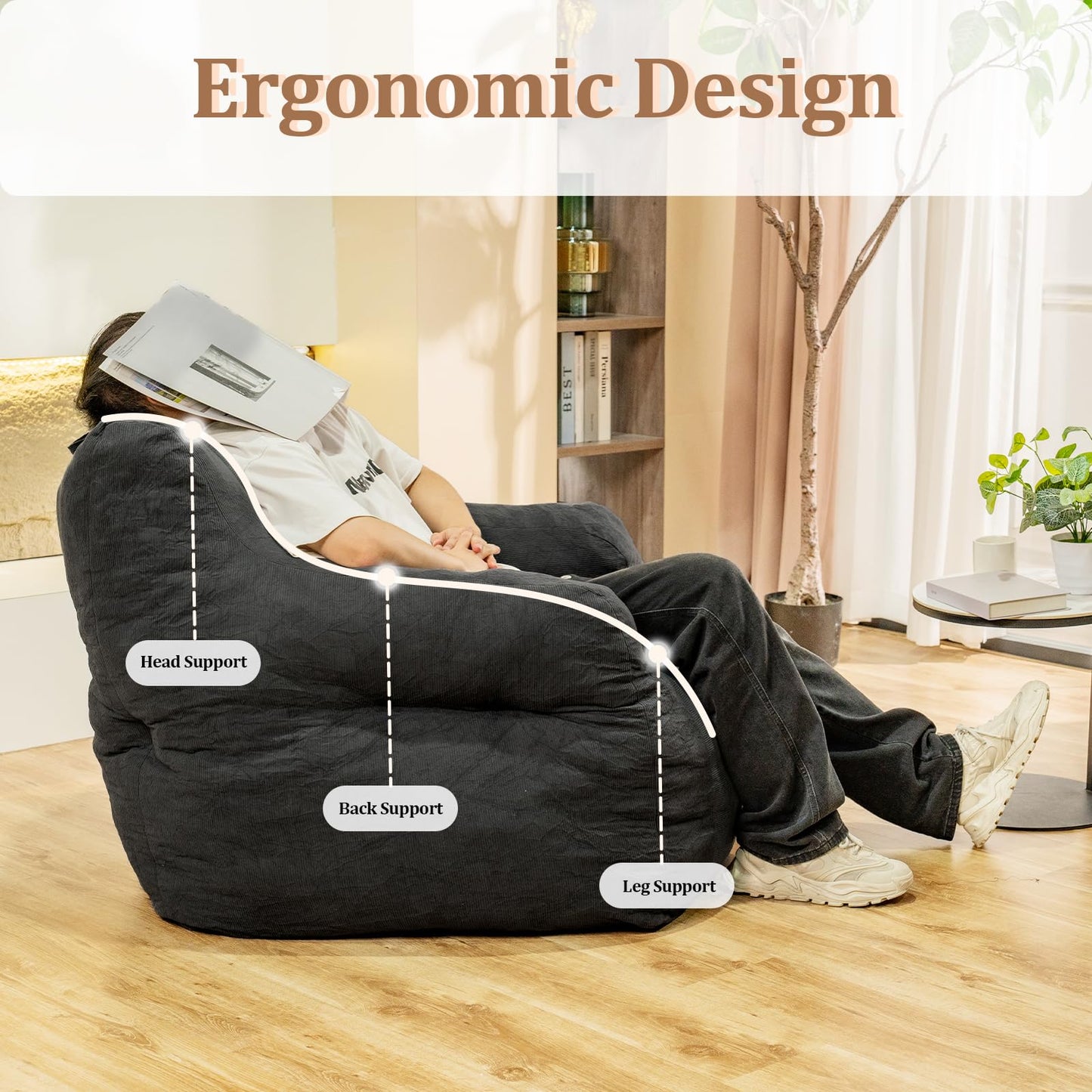 Stmoze Bean Bag Chair, Bean Bag Chair for Adults, Fluffy and Comfy Bean Bag with Filler, Bean Bag Sofa Chair for Reading, Gaming, Stuffed High-Density Foam, Grey