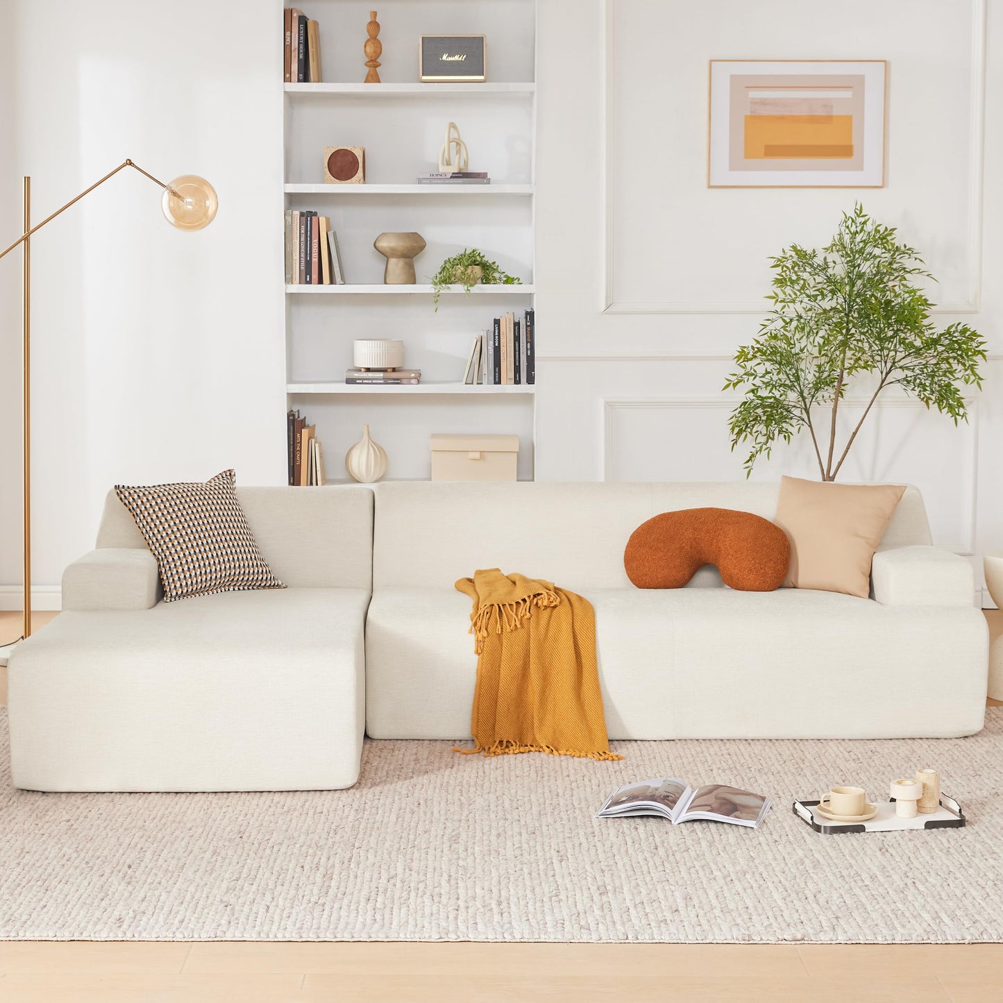 Huatean Home 107" Modular Sectional Sofa, Sponge Sofa for Living Room, High Density Sponges Cloud Couch,Modular L-Shape Sofa Couch with Chaise, (Beige)
