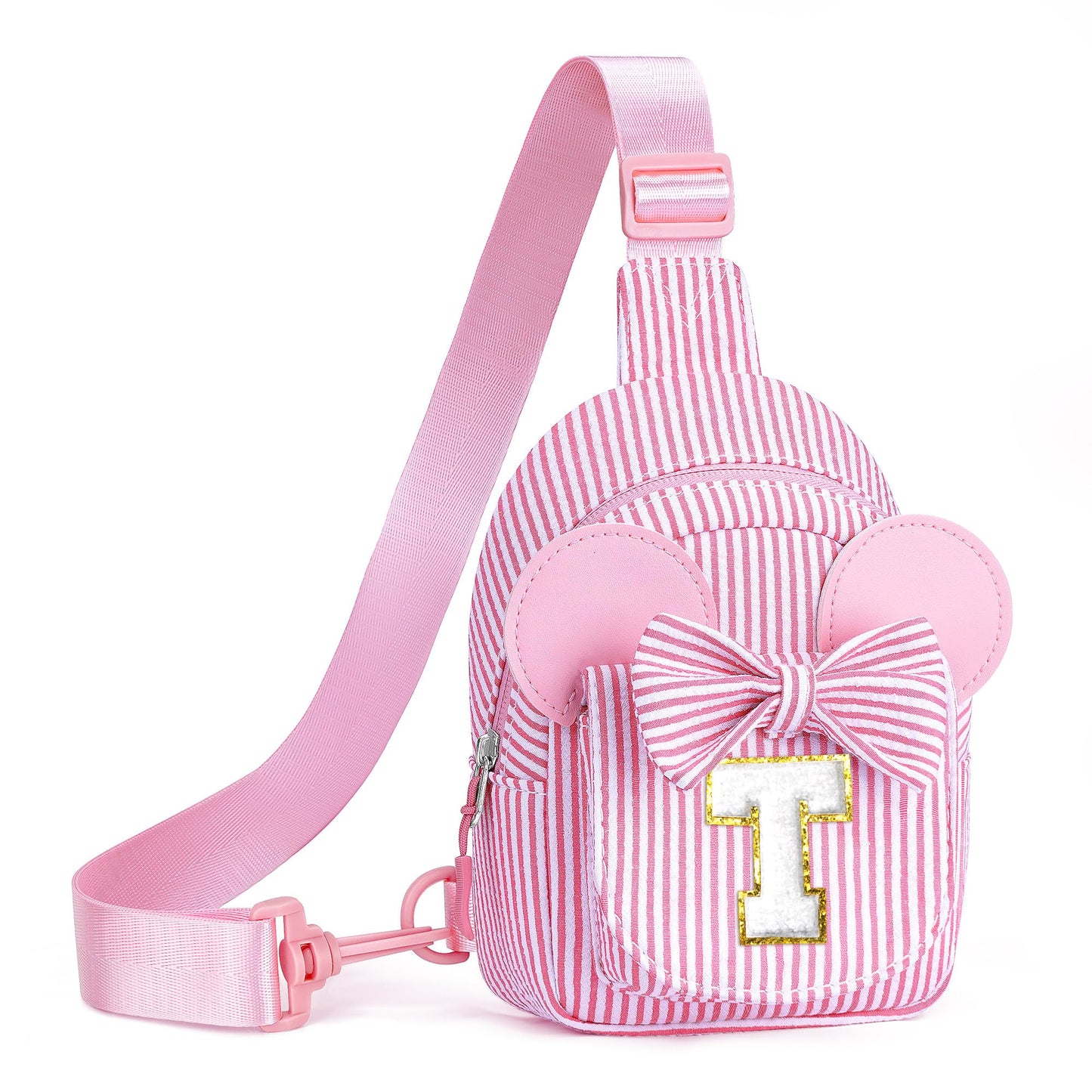 QLOVEA Birthday Gifts for Girls, Sling Bags for Girl Kid Travel, Birthday Gifts for 3 4 5 6 7 8 9 Year Old Girls Small Initial Pink Cross Fanny Packs Sling Bag for Daughter Gift (Pink T)
