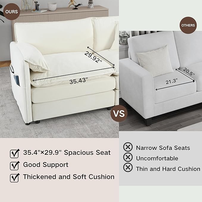 RENDGO 109" Modular Sectional Sofa with 2 Ottoman, Chenille Cloud Couch for Living Room & Apartment, Deep Seat Comfort, Flexible U-Shape Combination Sofa for Home & Office,Beige