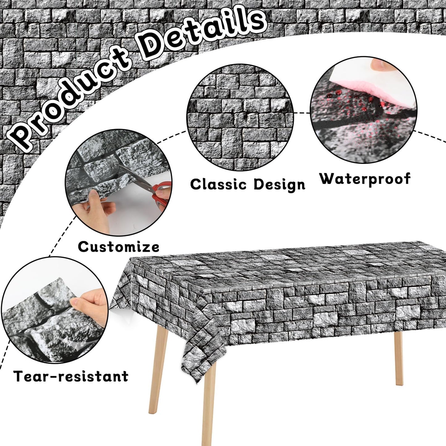 party greeting Brick Stone Wall Tablecloth Roll 100FT x 51 Inch Disposable Stone Wrapping Plastic Table Covers Roll Castle Knight Themed Backdrop for Halloween Birthday Medieval Party Decoration