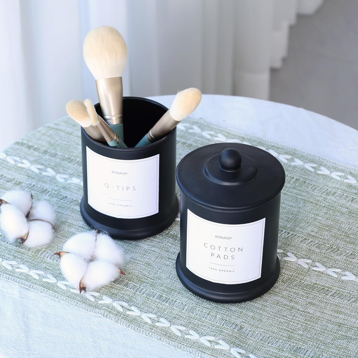 Qtip Holder & Cotton Pad Dispenser, Bathroom Organizer and Storage Canisters, 16oz Glass Apothecary Jars for Kitchen, Restroom - Home Decor Accessories, Room Decor Aesthetic (2 Pack, Black)