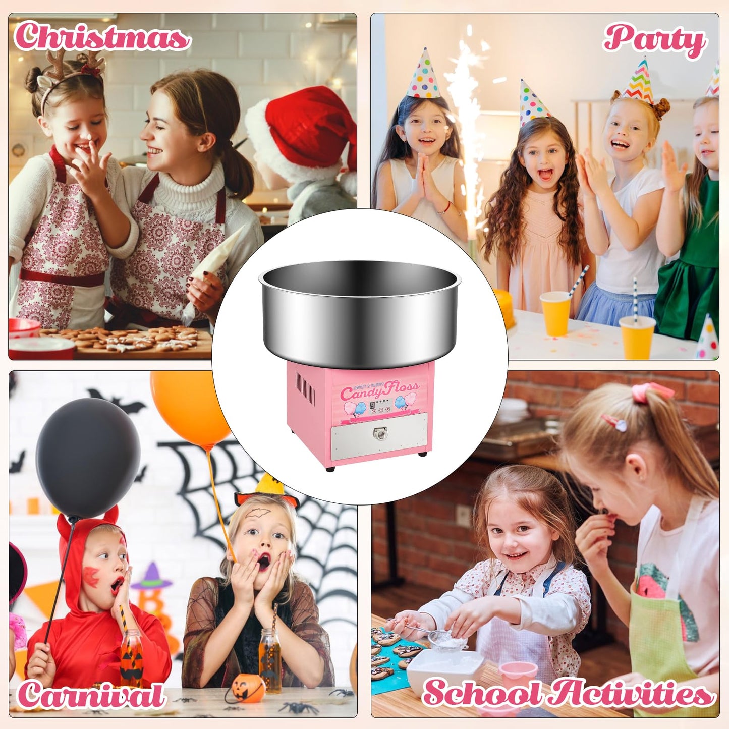 Garvee Electric Candy Cotton Machine for Kids Commercial Candy Cotton Maker with 20 Inch Stainless Steel Bowl Party Home Festival Pink