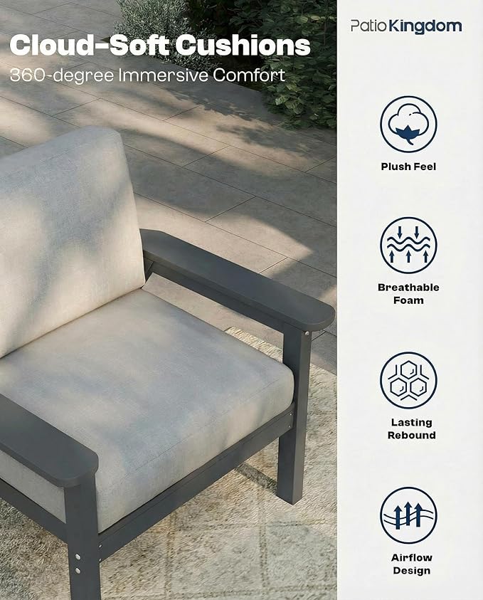Patio Kingdom 7 Piece Patio Conversation Sets, Outdoor Couch with Washable Thick Gray Cushions, HDPE Patio Furniture Set, Outdoor Sectional Furniture for Backyard, Deck, Lawn, Porch (Grey Frame)