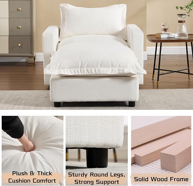 chairus 68" Love Seat Sofa with Ottoman Upholstered Linen Deep Seat Couch with Pillow Modular Oversized Couch Sleeper for Living Room, Bedroom, Reception Room, Apartment, 2-Seater/White