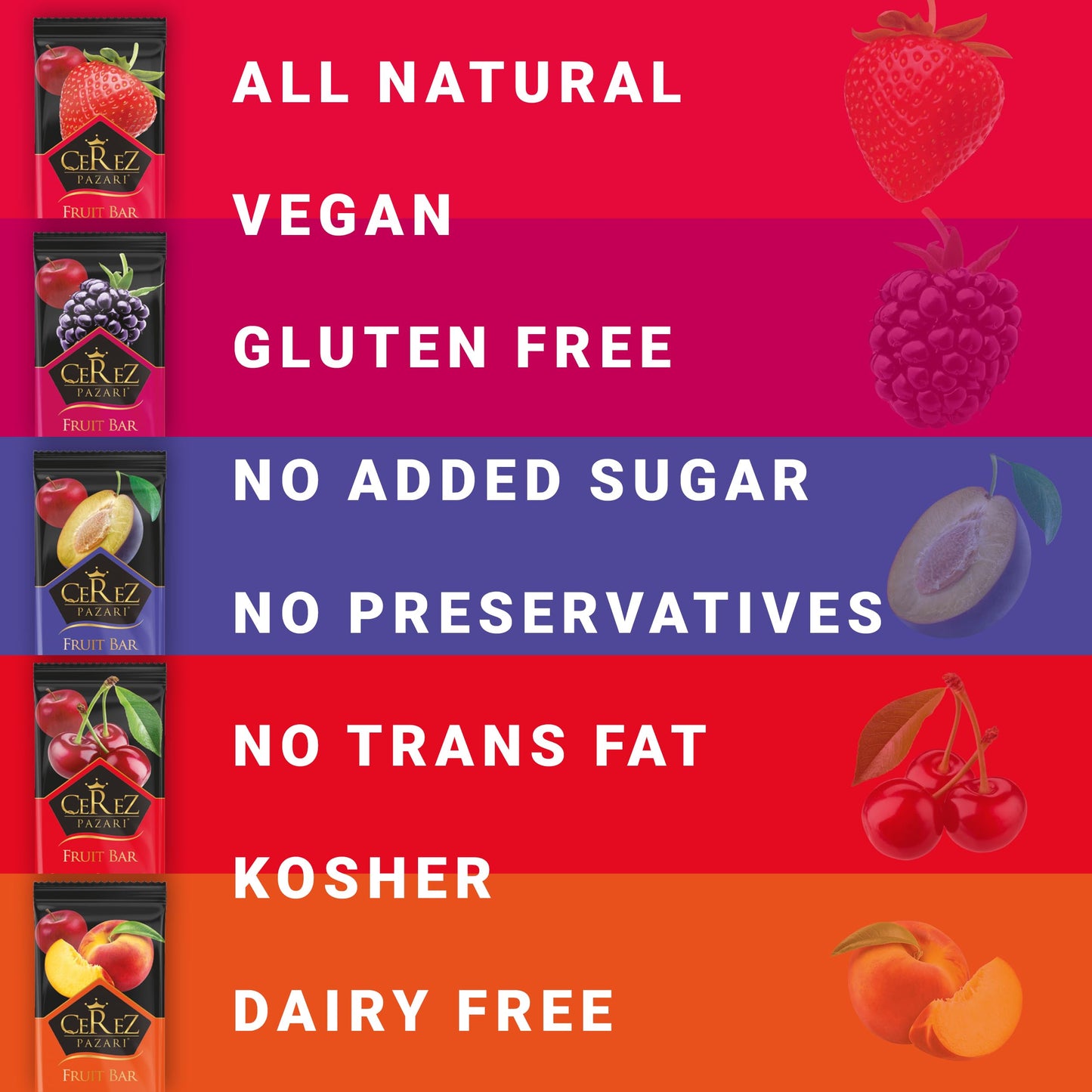 Cerez Pazari Fruit Leather Snacks Variety Pack for Adults and Kids, Healthy Fruit Snacks Bulk, Vegan Real Fruit Bars, Snacks with Strawberry, Blackberry, Plum, Sour Cherry and Peach 25g x 35 pack