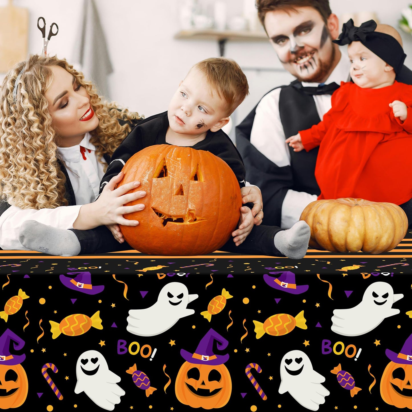 Kelool 2 Pack Halloween Tablecloth 54 x 108 Inch,Plastic Table Cloth Rectangle Disposable,Ghost Black Tablecloths Halloween Decorations,Pumpkin Witch Hat Table Cover for Indoor Outdoor Party Decor