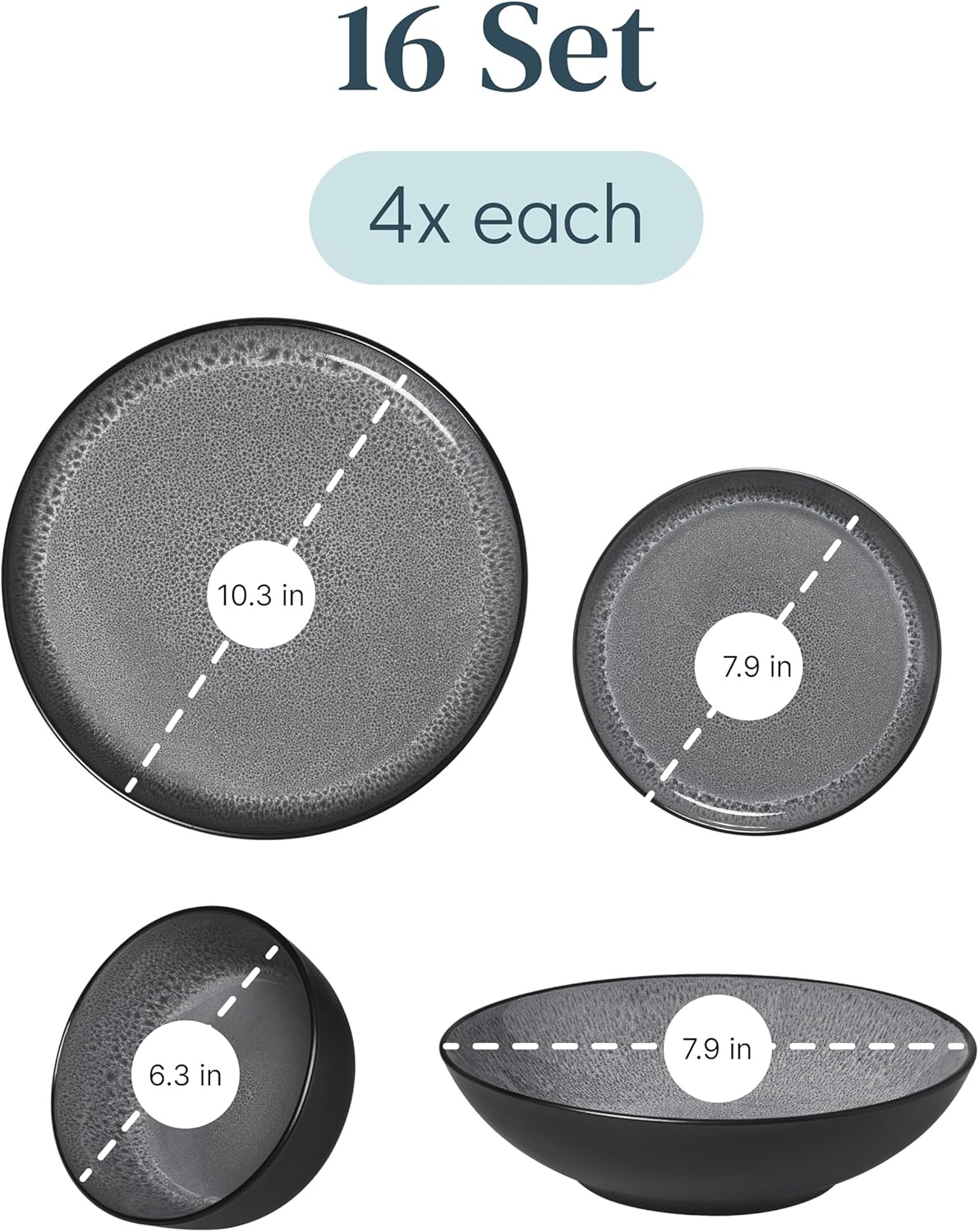 Stoneware dinnerware set 4 persons 16 pcs - Dishwasher, microwave and scratch resistant - Bowl and plate set 4 persons modern - Dinner service Pure Living black in gray…