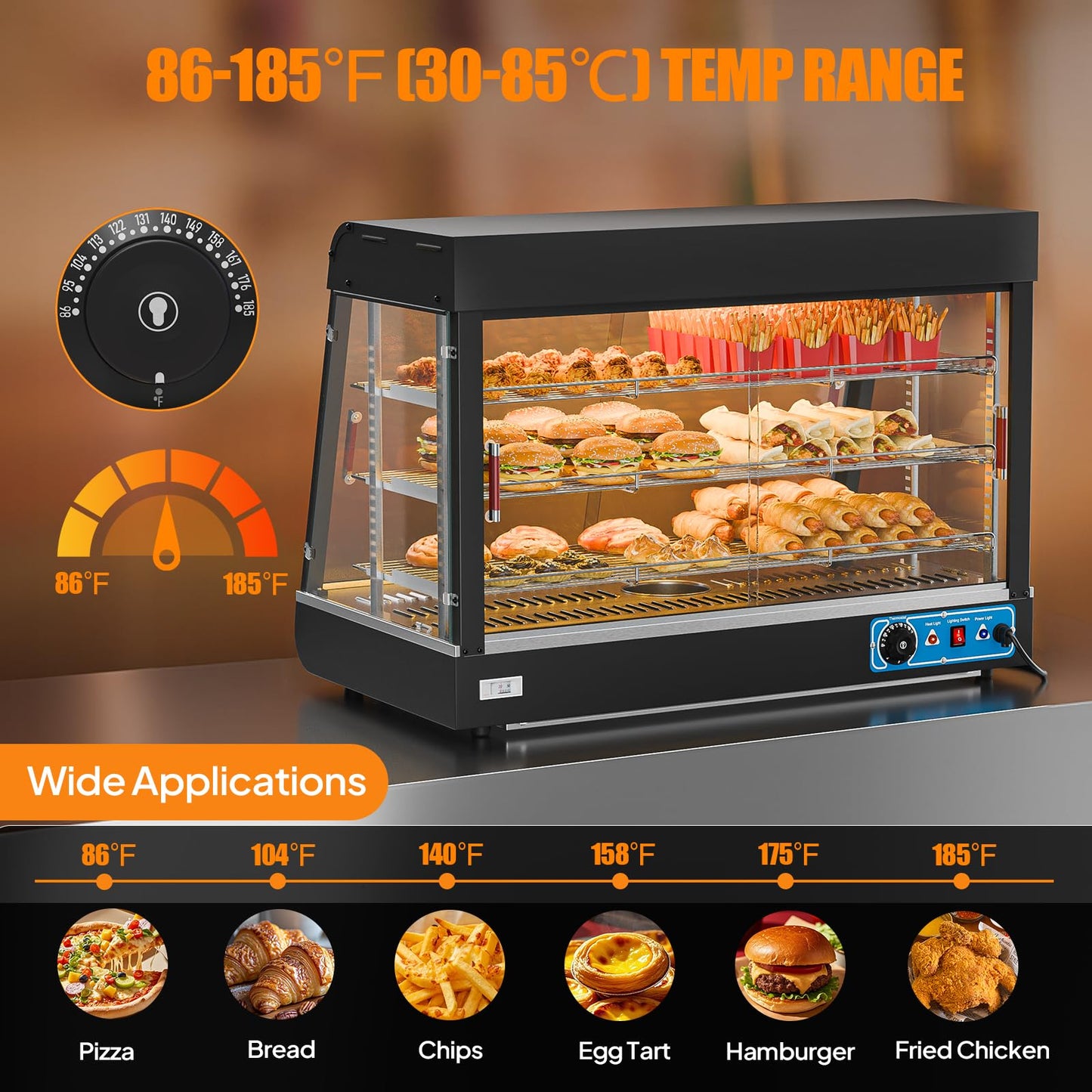 ROVSUN 35" Pizza Warmer Food Warmer Display, 3-Tier Electric Food Warmer Commercial Countertop w/LED Lighting Adjustable Removable Shelves Glass Door, Pretzel Warmer for Buffet Restaurant 1500W