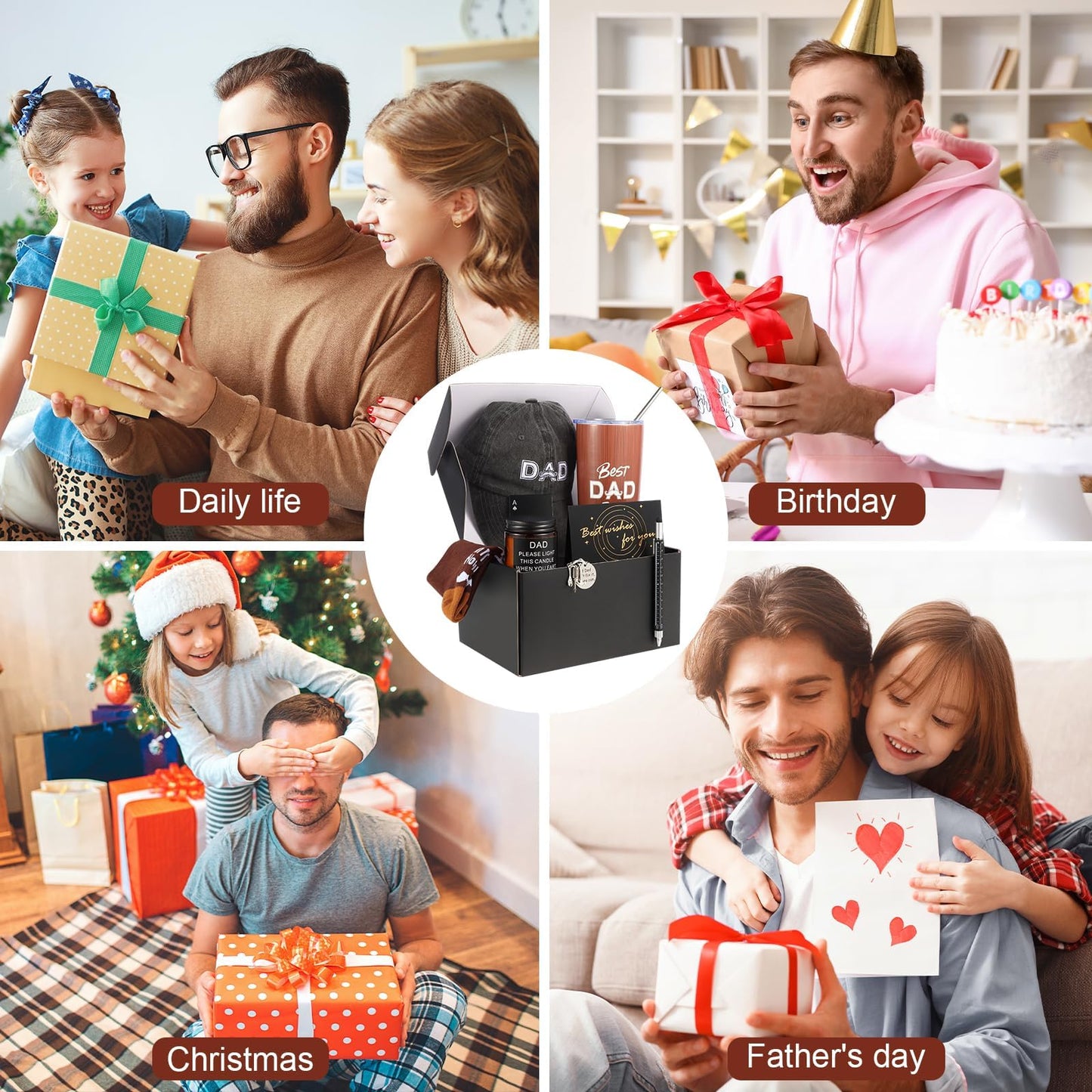 Kolewo4ever 9 Pieces Dad Gift Set Best Dad Gifts for Father, Men with Tumbler Mens Socks Mens Baseball Cap Key Chain Card for Men Father Papa Gifts from Son Daughter Kids (Brown)