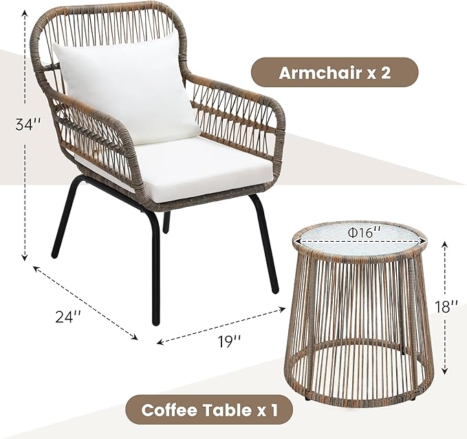 wildformers 3 Pieces Rattan Wicker Bistro Set, Outdoor Conversation Set, Wicker Furniture Set with Glass Top Table, Space Saving for Balcony, Backyard, Natural