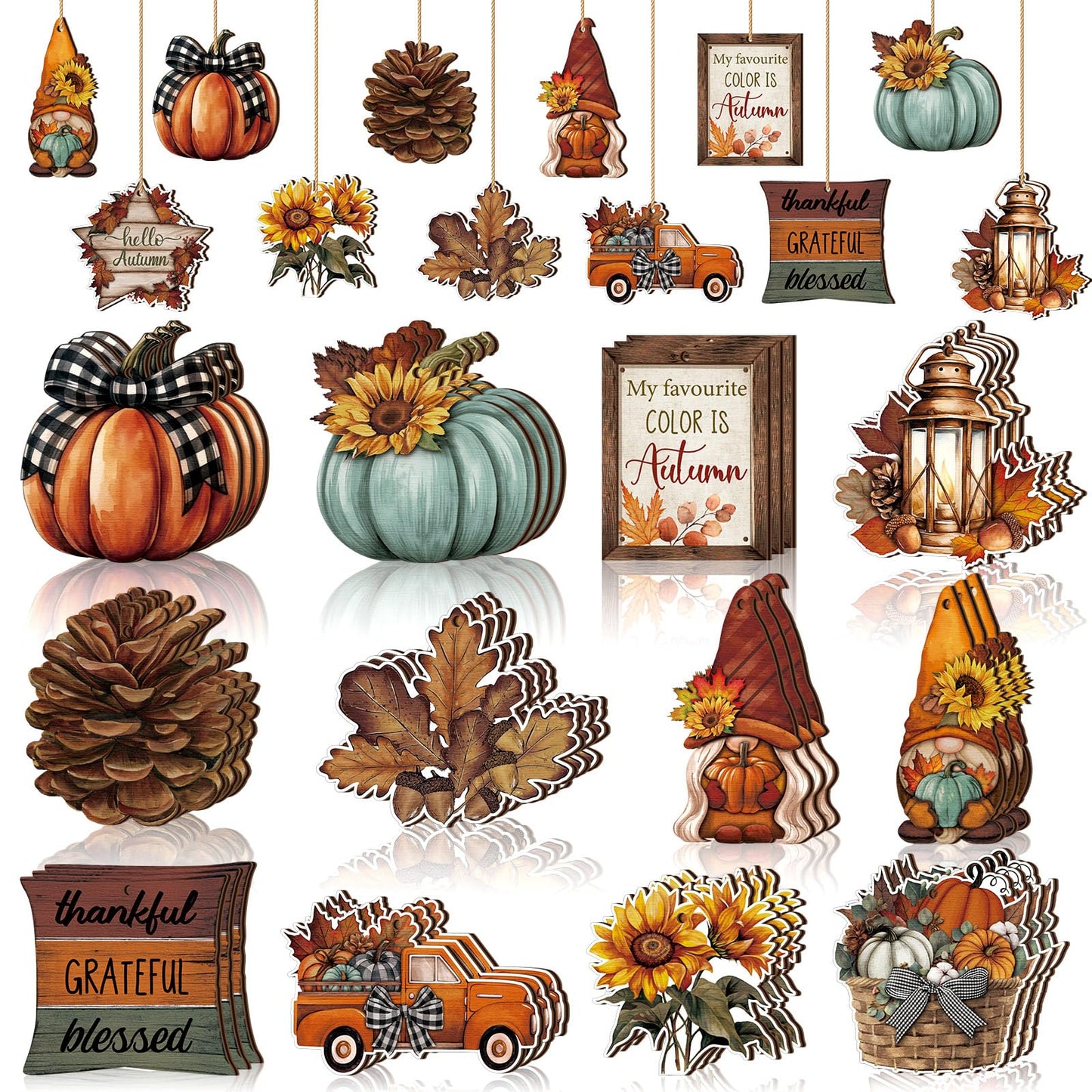FairySandy 36 Pcs Fall Ornaments for Tree Fall Thanksgiving Tree Decorations Gnomes Wooden Hanging Ornaments Pumpkins Leaves Flowers Cutouts Autumn Decorations for Holiday Party Supply(Classic Style)