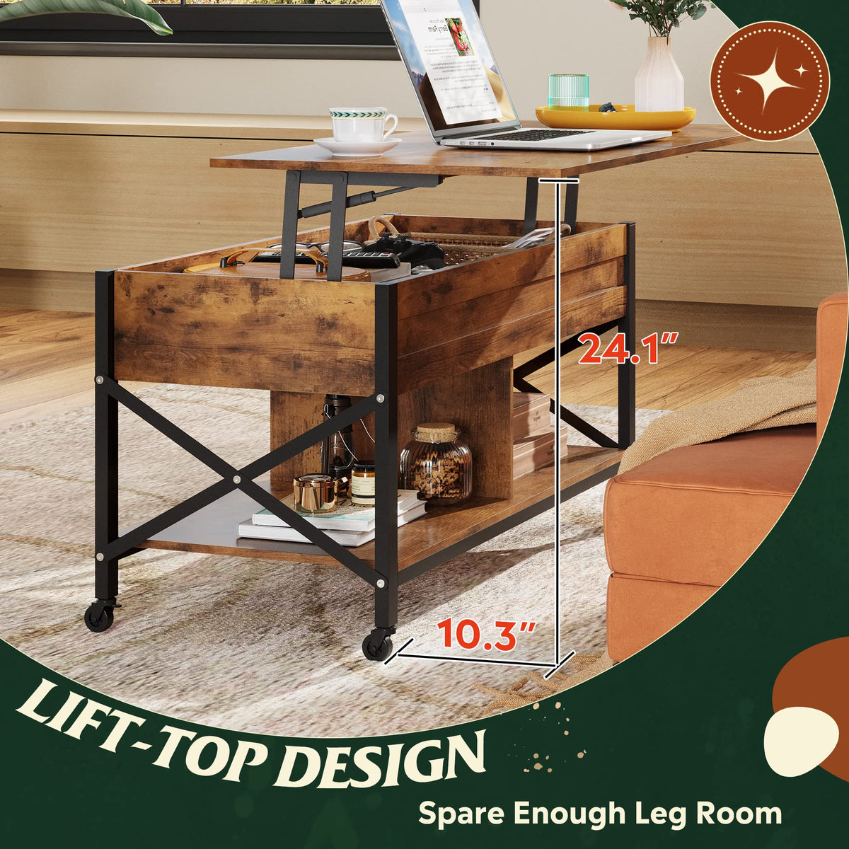 WLIVE Coffee Table, 41.3" Lift Top Coffee Table with 4 Wheels, Hidden Compartment, Storage Shelf and Lift Tabletop for Living Room, Reception Room, Rustic Brown