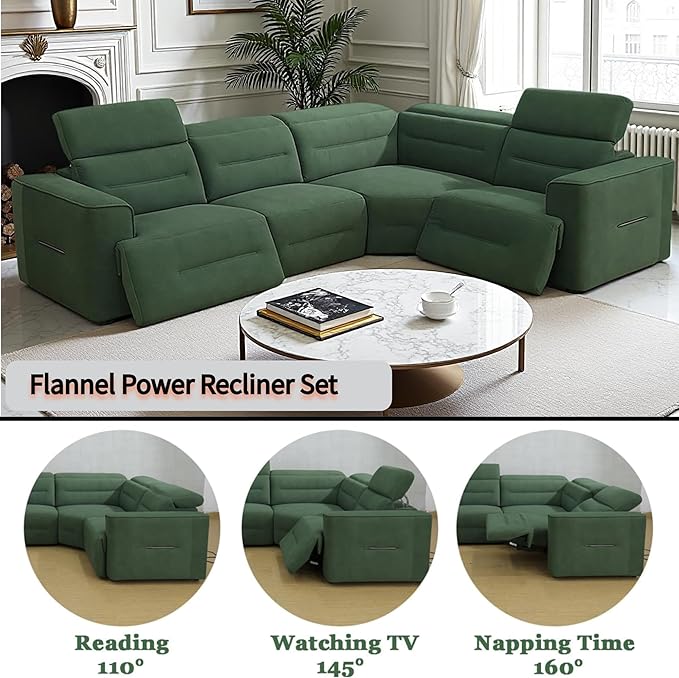 Power Recliner Sectional Sofa Set with USB Ports, Flannel Recliner Sofa Set with Adjustable Headrest, Reclining Sectional Couches, L-Shaped Living Room Furniture Set (Green, 4-Seater)