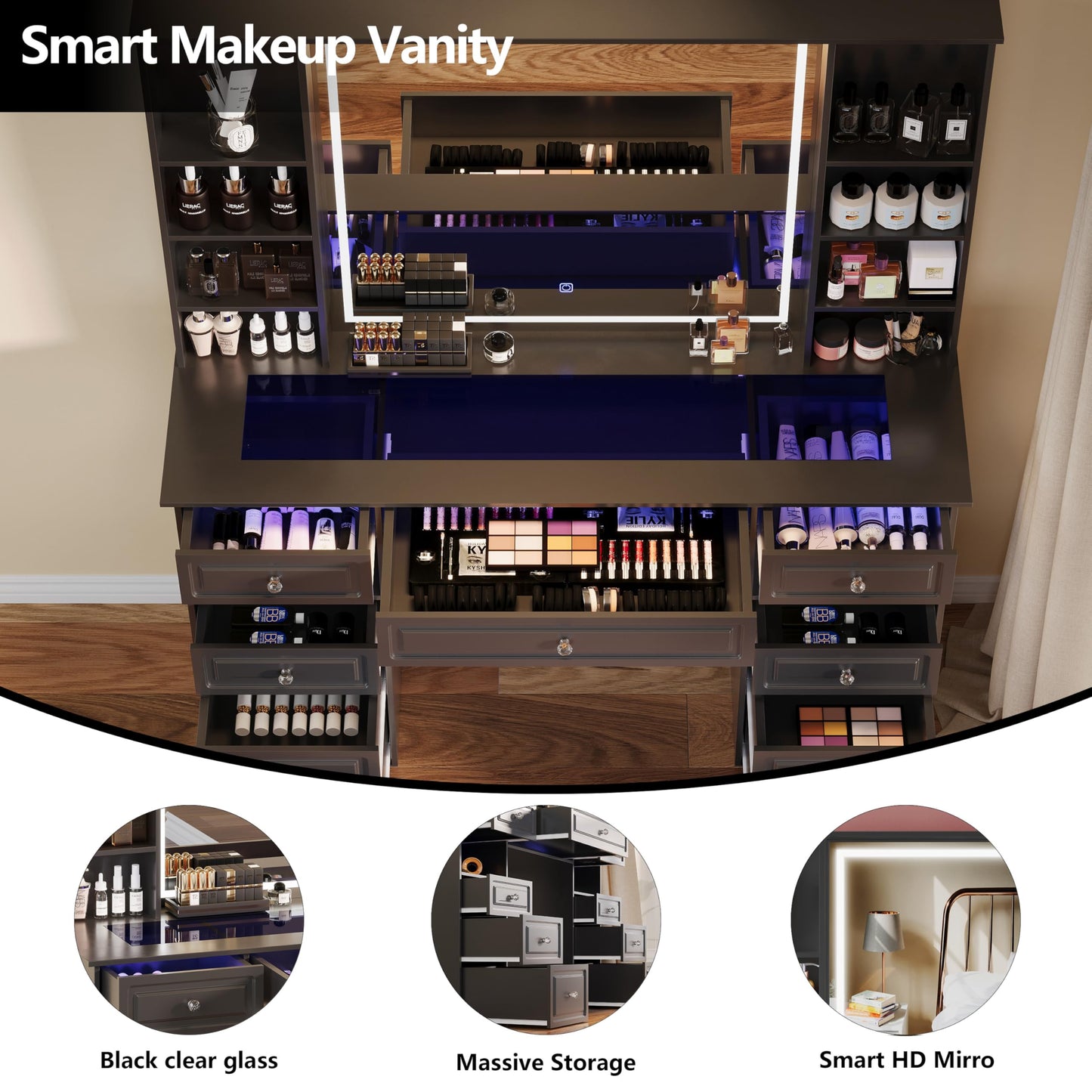 Jartoil Extra Large Vanity Desk with Lighted Mirror, 47" Makeup Vanity with Glass Top, Black Vanity Table with 9 Drawers, Tall Vanity with Crystal Knobs for Bedroom (Minimalist Style)