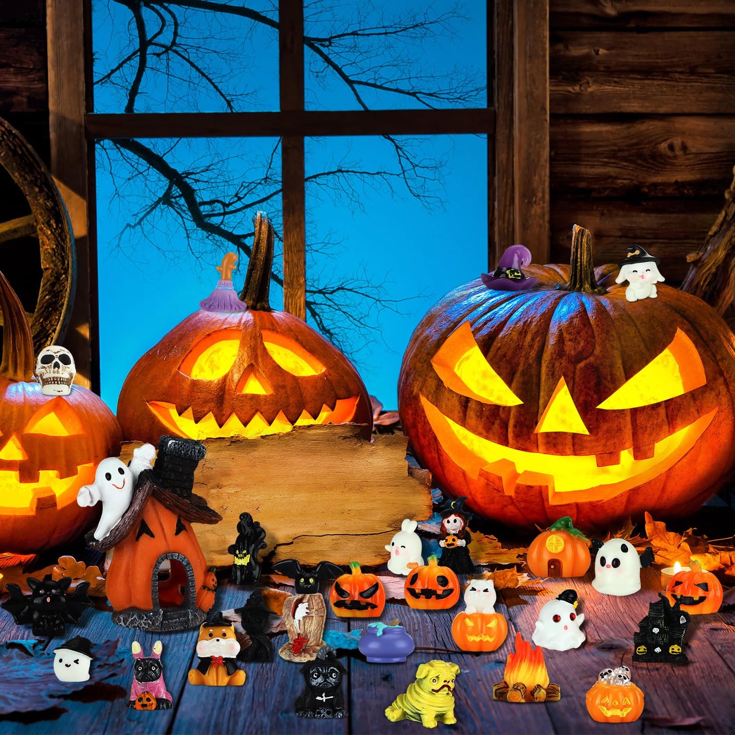 Poen 36 Pcs Halloween Miniature Figurines Resin Pumpkin Ghost Halloween Garden Accessories Miniature Decoration Ornament Kit for Outdoor Kitchen House Village Home
