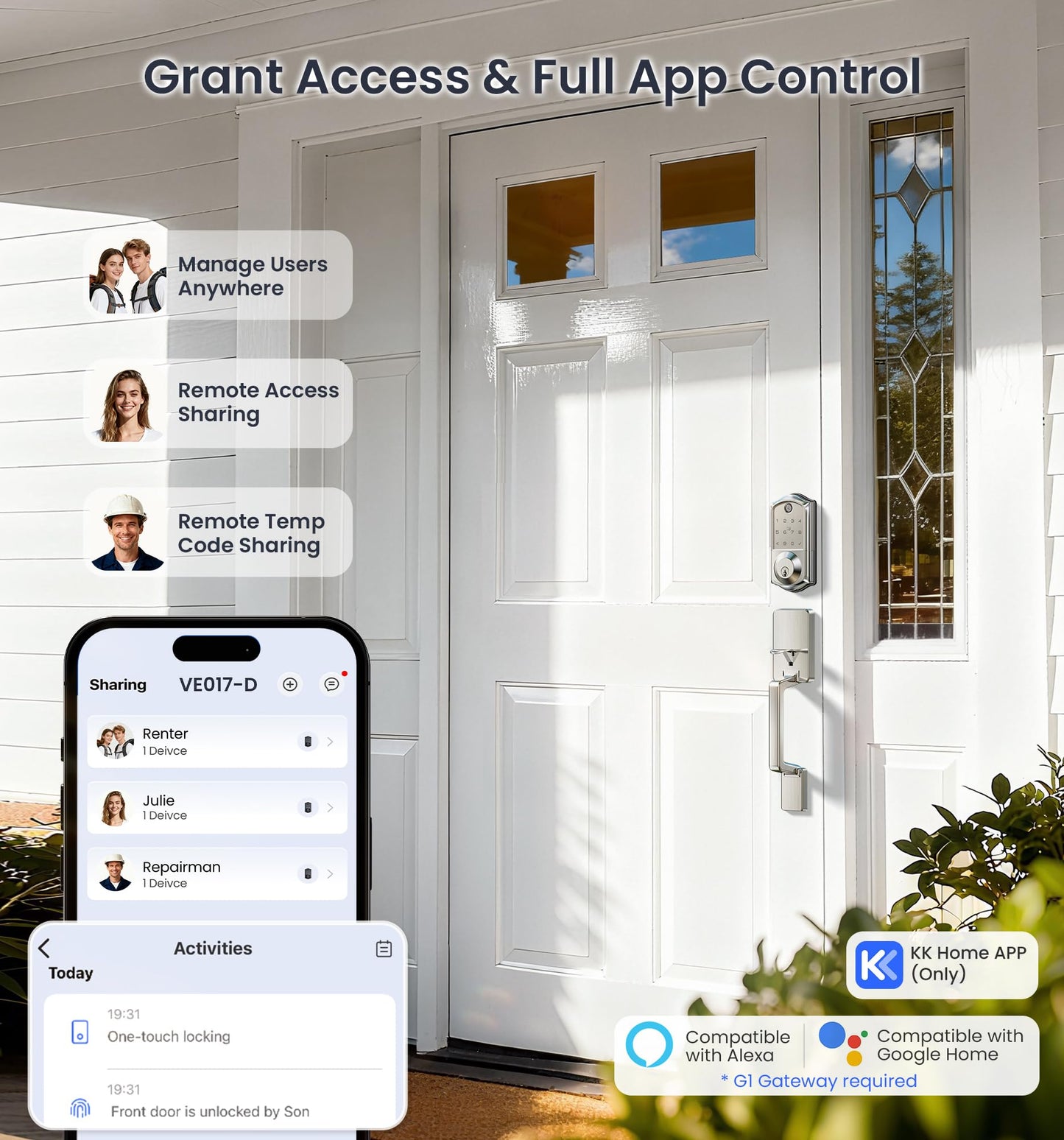 Veise VE017-D Smart Fingerprint Front Door Lock Set, App Control, 8-in-1 Keyless Entry Deadbolt with Lever Handle, Touchscreen Keypad, IP55 Weatherproof, Auto Lock, Easy Install, Satin Nickel