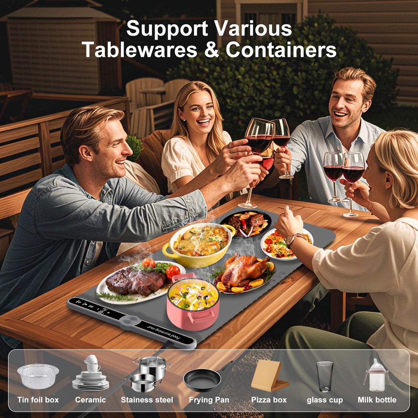 Extra Large Warming Mat for Food XXL:40”X15” Soft Electronic Food Warmers for Parties Buffet Silicone Food Warming Mat 6-Level Timer 9-Level Temp Control 18H Auto-Off 8S Fast Heating Grey