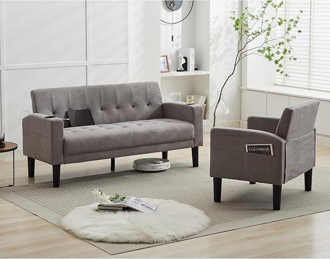 TYBOATLE Sofa Couch, Living Room Furniture Sectional Sofa Sets 2 Pic, Tufted Mid-Century Loveseat w/USB, Cupholders & Comfy Single Sofa for Small Space, Apartment, Office (Light Grey)