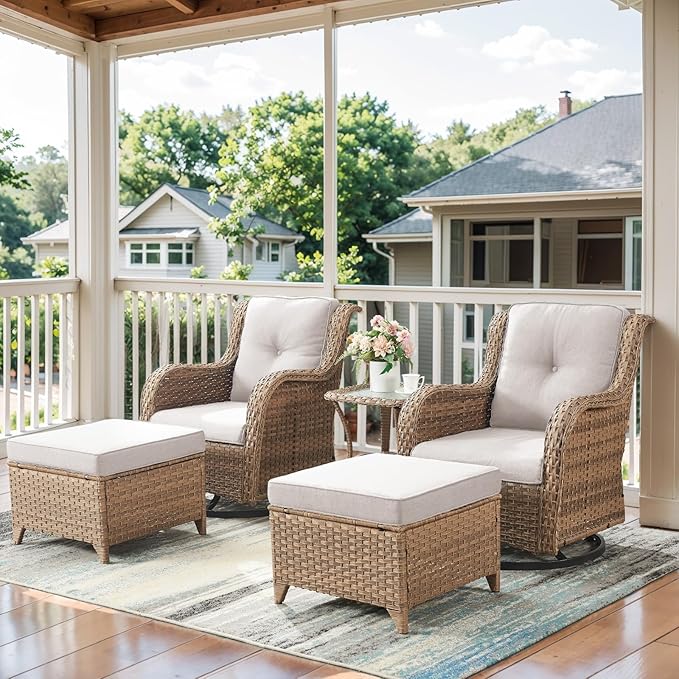 Belord 5 Pieces Patio Furniture Sets Wicker Outdoor Furniture, Rattan Patio Swivel Glider Chairs with 2 Ottoman and Glass Side Table, Yellow Wicker