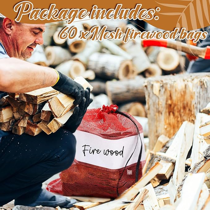 60 Pcs Onion Bags Reusable Mesh Produce Storage with Drawstring Firewood Bags Onion Potato Storage Sacks for Garden Vegetable Fruit Produce Packaging Supplies (22 x 24 Inch)