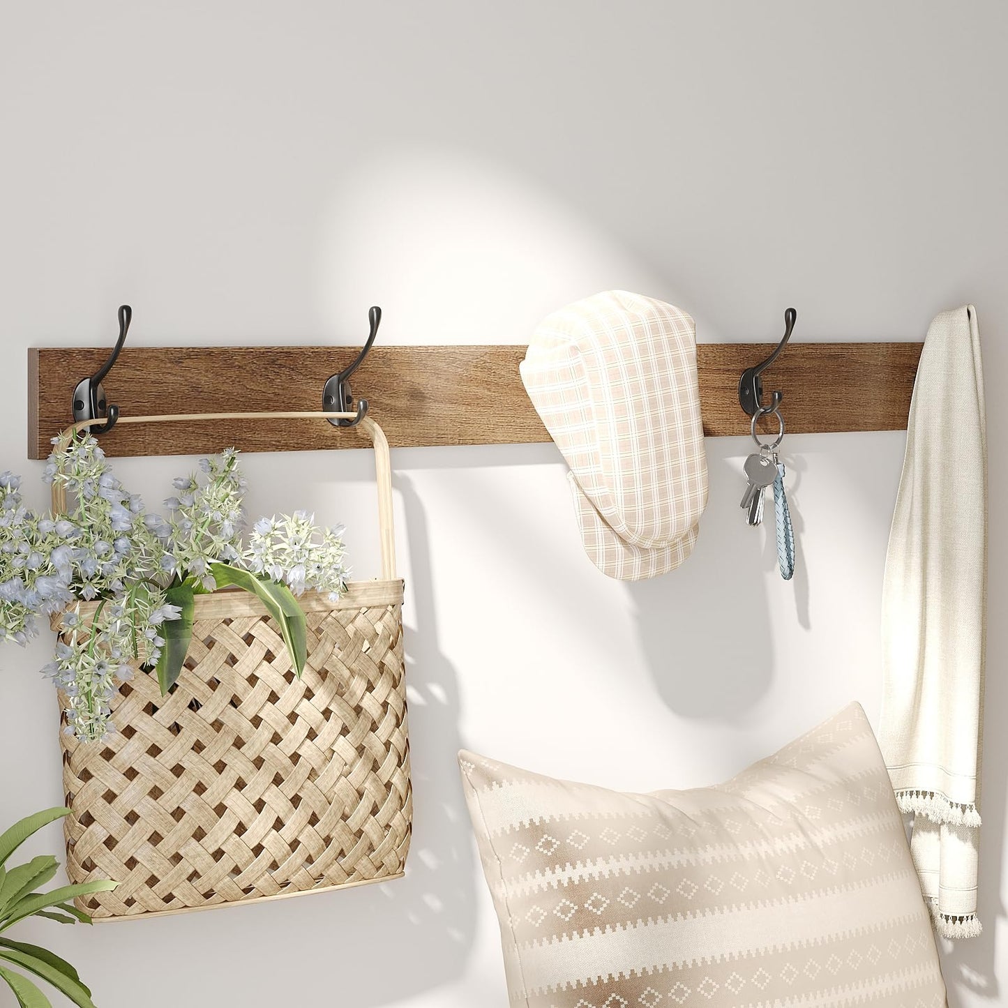 Maupvit Rattan Entryway Bench with Seat Cushion & Coat Rack, Shoe Storage Cabinet with 2 Flip Drawers, Narrow Shoe Rack, 5 Sturdy Metal Hooks, Rustic Oak Rattan