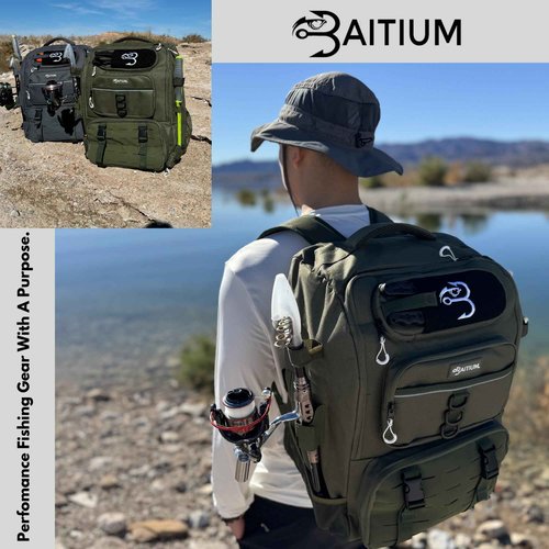 Baitium Fishing Backpack, Tackle Bag With Rod Holders, 40L Capacity With Cooler, Rain Cover, Insulated Pocket, 4 Tackle Trays Included- (Green)