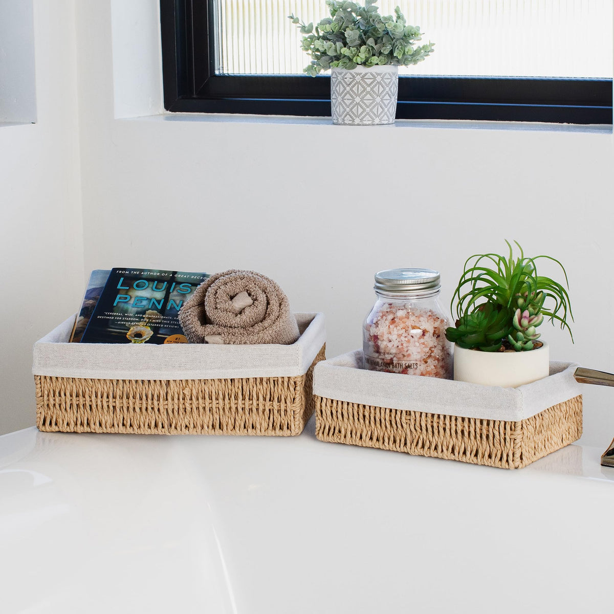 KIBAGA Beautiful Toilet Paper Storage Basket Set of 2 – Decorative Wicker Bathroom Organizer for Toilet Tank Trays - Quality Holder Bin For Shelves Fits Perfectly With Any Bathroom Decor