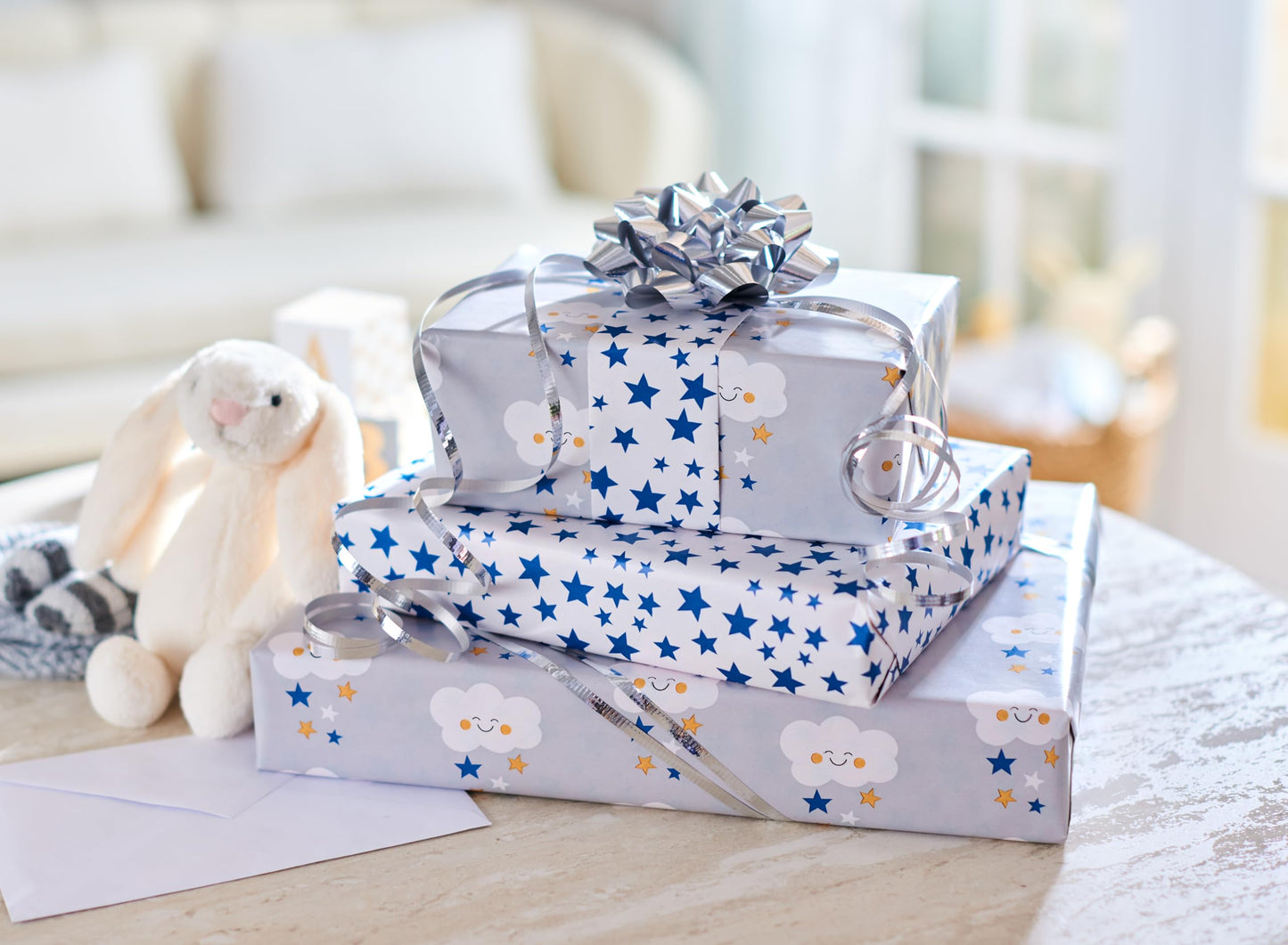 American Greetings 175 sq. ft. Reversible Wrapping Paper for Baby Showers, Birthdays and All Occasions, Clouds and Stars (1 Roll, 30 in x 70 ft.)