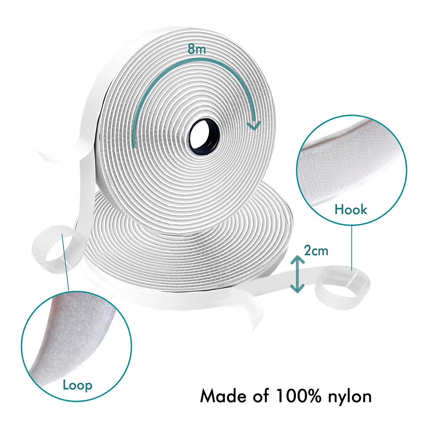 (26ft x 0.75in) White Hook and Loop Strips with Adhesive, Double Rolls of Heavy Duty Self Adhesive Tape with Backing, Nylon Self Adhesive Tape for Home Office School and Crafting
