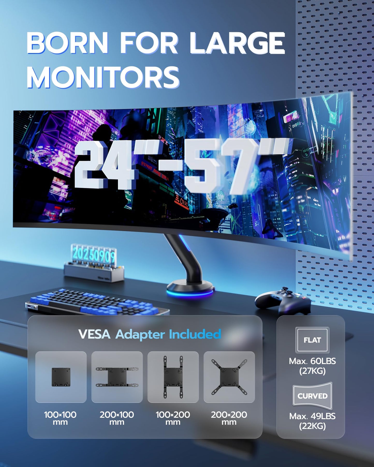ARES WING Single Monitor Mount with RGB, Heavy-Duty Gaming Monitor Arm fits for 24"-57" Ultrawide Screen, Adjustable Computer Monitor Stand Holds Up to 60LBS with VESA Mount, Clamp & Grommet, Black