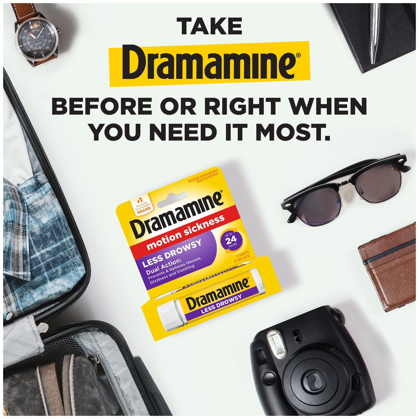 Dramamine Motion Sickness Original 12 Count Travel Vial 3 Pack and All Day Less Drowsy Motion Sickness Relief 8 Count Travel Vial 3 Pack