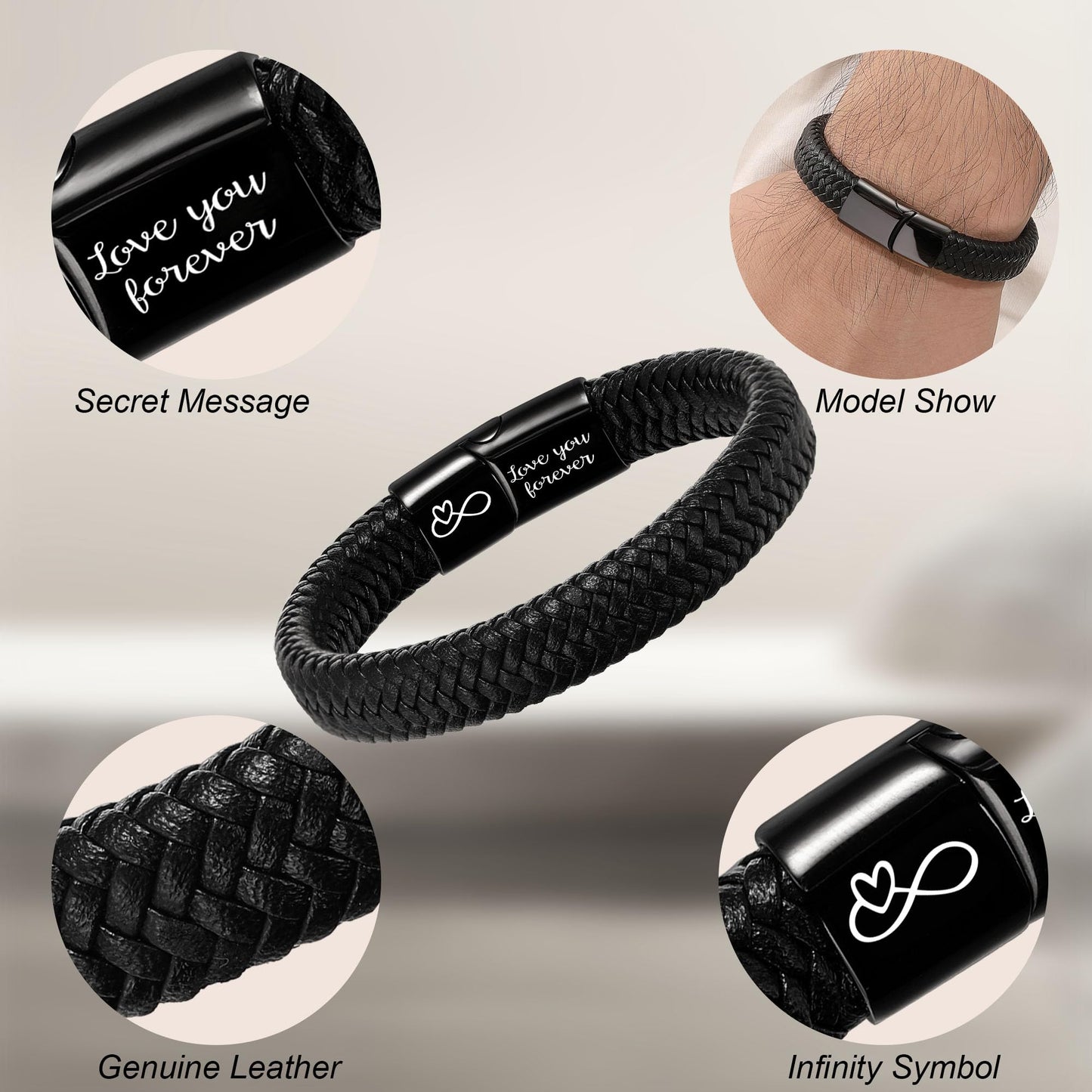 Btysun Boyfriend Gifts Cool Leather Bracelets for Men I Love You Gifts for Him Infinity Mens Bracelet Braidad Black Fathers Day Birthday Gift for Boyfriend Birthday Anniversary Jewelry