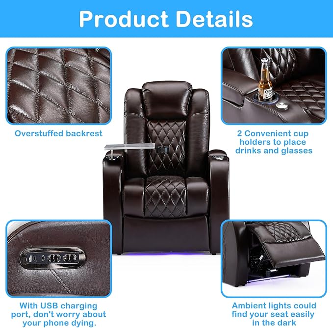 Weilianda Home Theater Seating Top Grain Leather Zero Gravity Recliner Chair Power Headrest Recline Movie Seat Gaming 7 Colors Mood Light Sofa with Tray Table USB Charge Row of 4 Loveseat Middle Brown