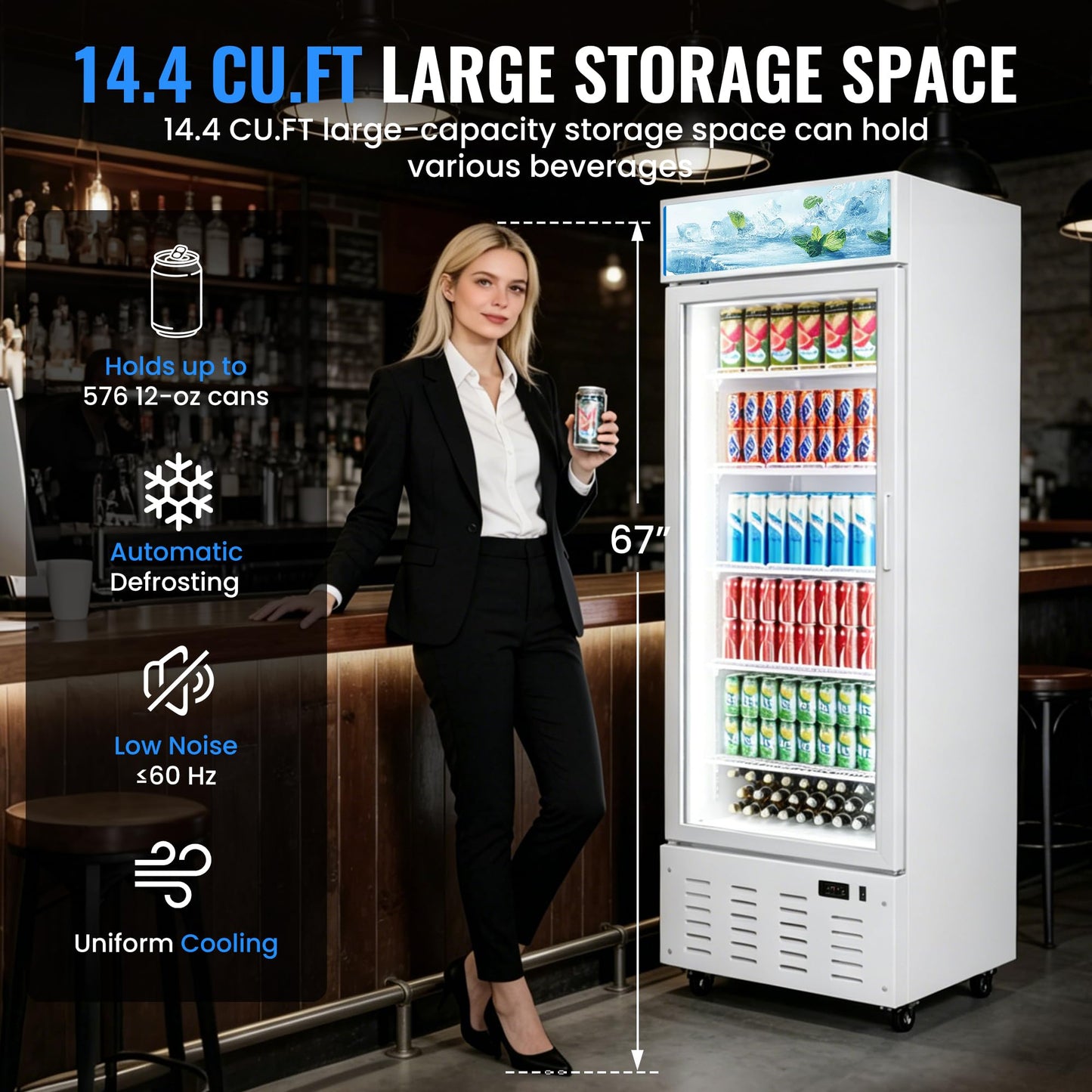 Frostvale 15 Cu.Ft Commercial Display Refrigerator, White Single Glass Door Beverage Cooler with Lighted Header, ETL Upright Merchandiser Fridge for Drinks, Soda, Beer, Cafe, Store, Bar