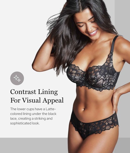 Panache Women's Allure Underwire Full Coverage Stretch Lace Bra |Black/Latte,30G| Supportive Lift with Side Sling, Sheer Lace, Adjustable Straps, Full Figure Fit, Everyday Comfort Lingerie