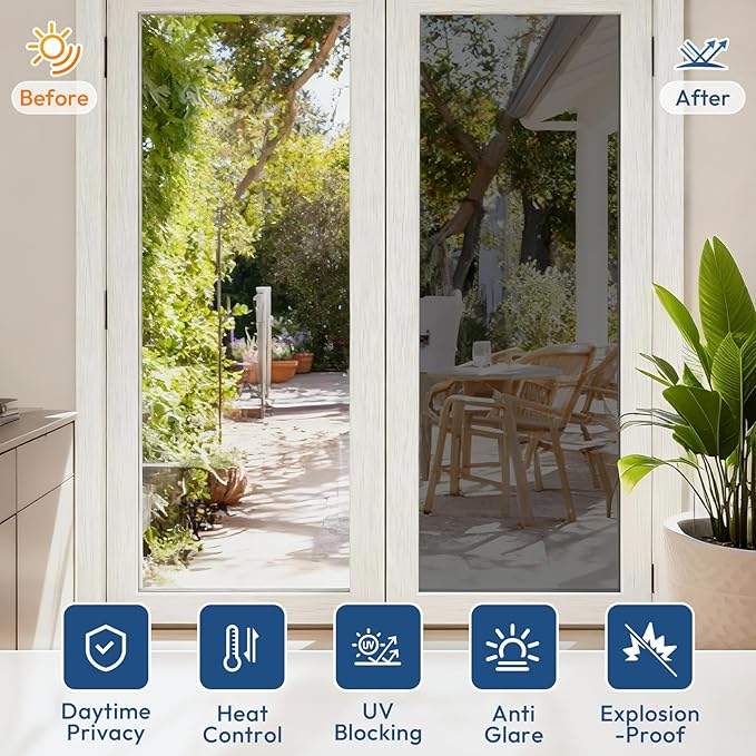 rabbitgoo Window Tint for Home One Way Privacy Window Film See Out Not in Heat UV Blocking Reflective Removable Static Cling Mirror Decorative House Glass Covering, Black Silver, 29.5 Inch X 6.5 Feet